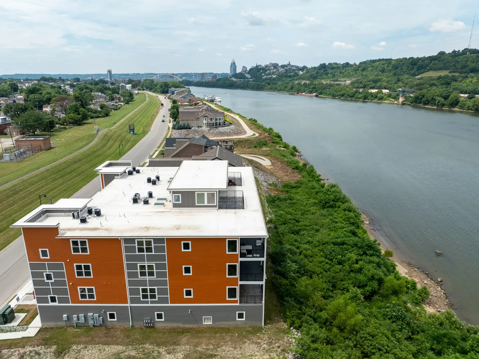 Aerial drone view of Manhattan Harbour with Downtown Cincinnati skyline in the background